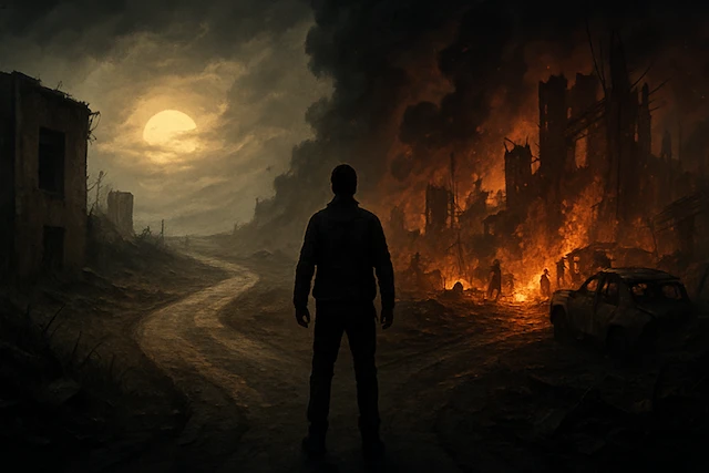 Person at a crossroads facing difficult ethical choice, looking out at a destroyed city engulfed in fire and smoke under a dramatic, stormy sky