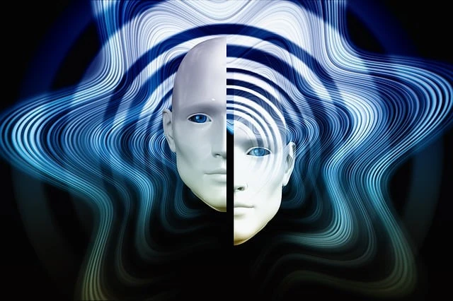 Illustration of two faces merging, with a swirling pattern behind them, representing identity or self-perception