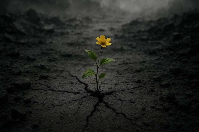A single small yellow flower pushes through cracks in dark, dry earth, symbolizing resilience or hope